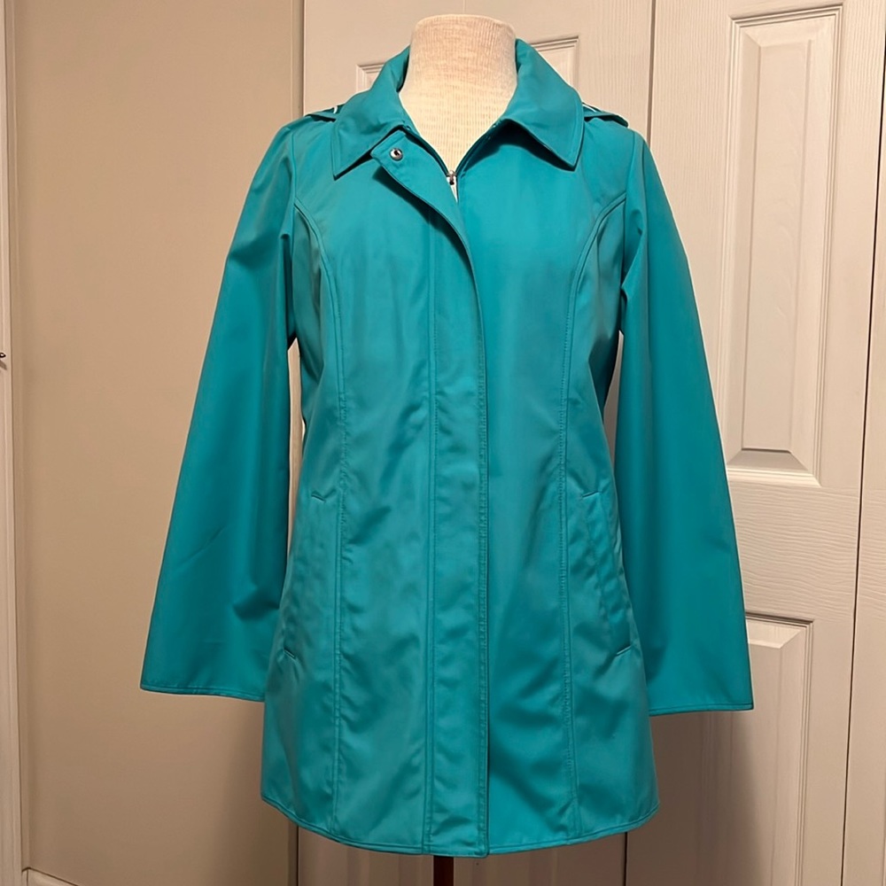Dennis by Dennis Basso Turquoise Hooded Water Resistant Rain Jacket Size XS